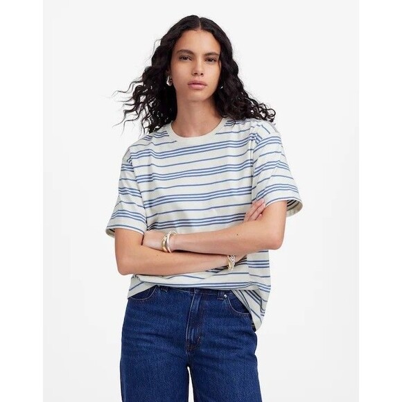 MADEWELL Cotton Relaxed Oversized Tee M Lighthouse Blue White Crew Top NWT B21 - Picture 1 of 5